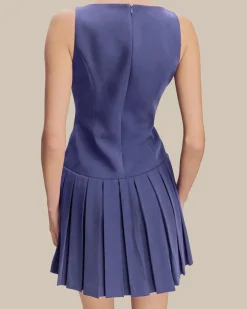 Blue Boat Neck Button Sleeveless Mini Dress