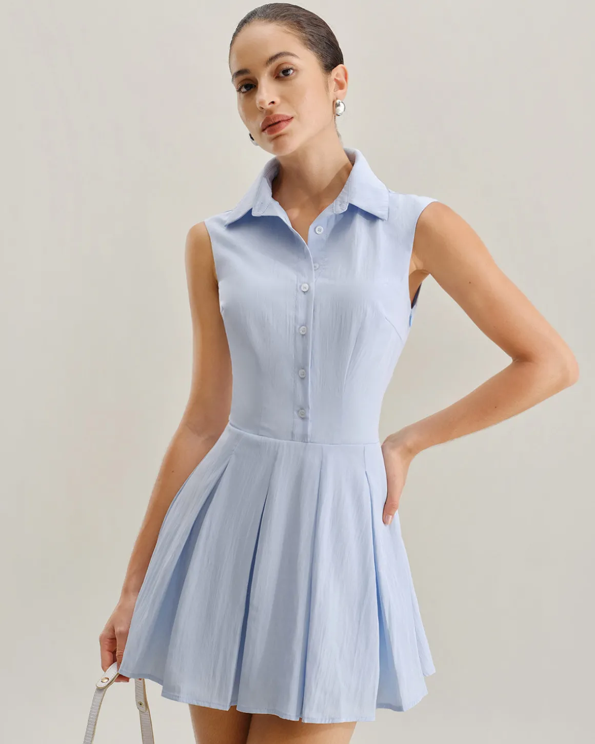 Blue Button A-Line Sleeveless Mini Dress
