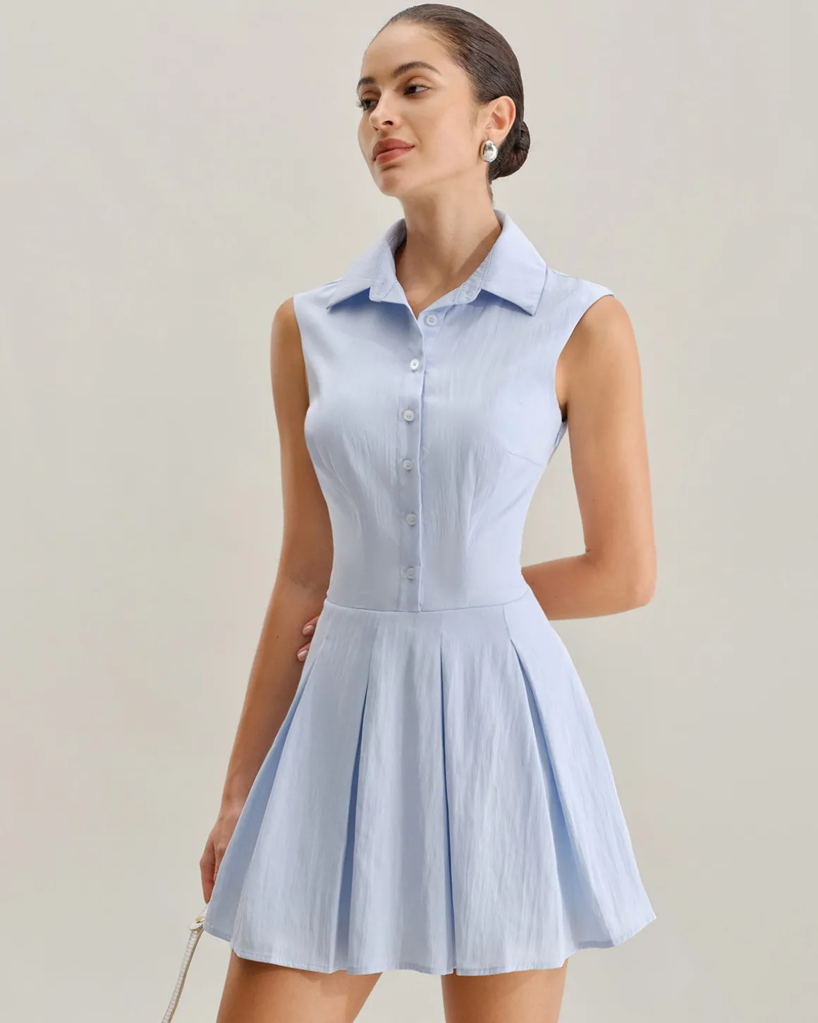 Blue Button A-Line Sleeveless Mini Dress