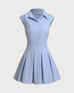 Blue Button A-Line Sleeveless Mini Dress