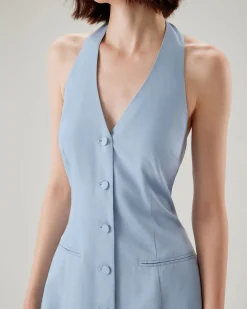 Blue Button Pocket Halter Mini Dress
