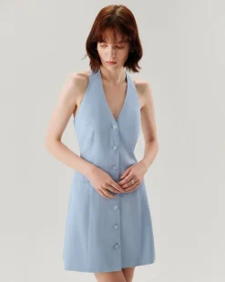 Blue Button Pocket Halter Mini Dress