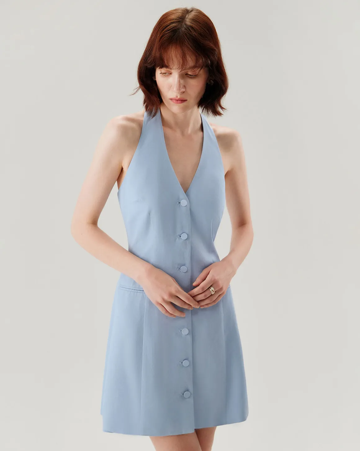 Blue Button Pocket Halter Mini Dress