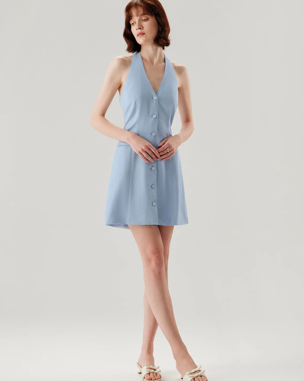 Blue Button Pocket Halter Mini Dress