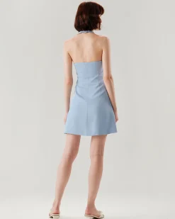 Blue Button Pocket Halter Mini Dress