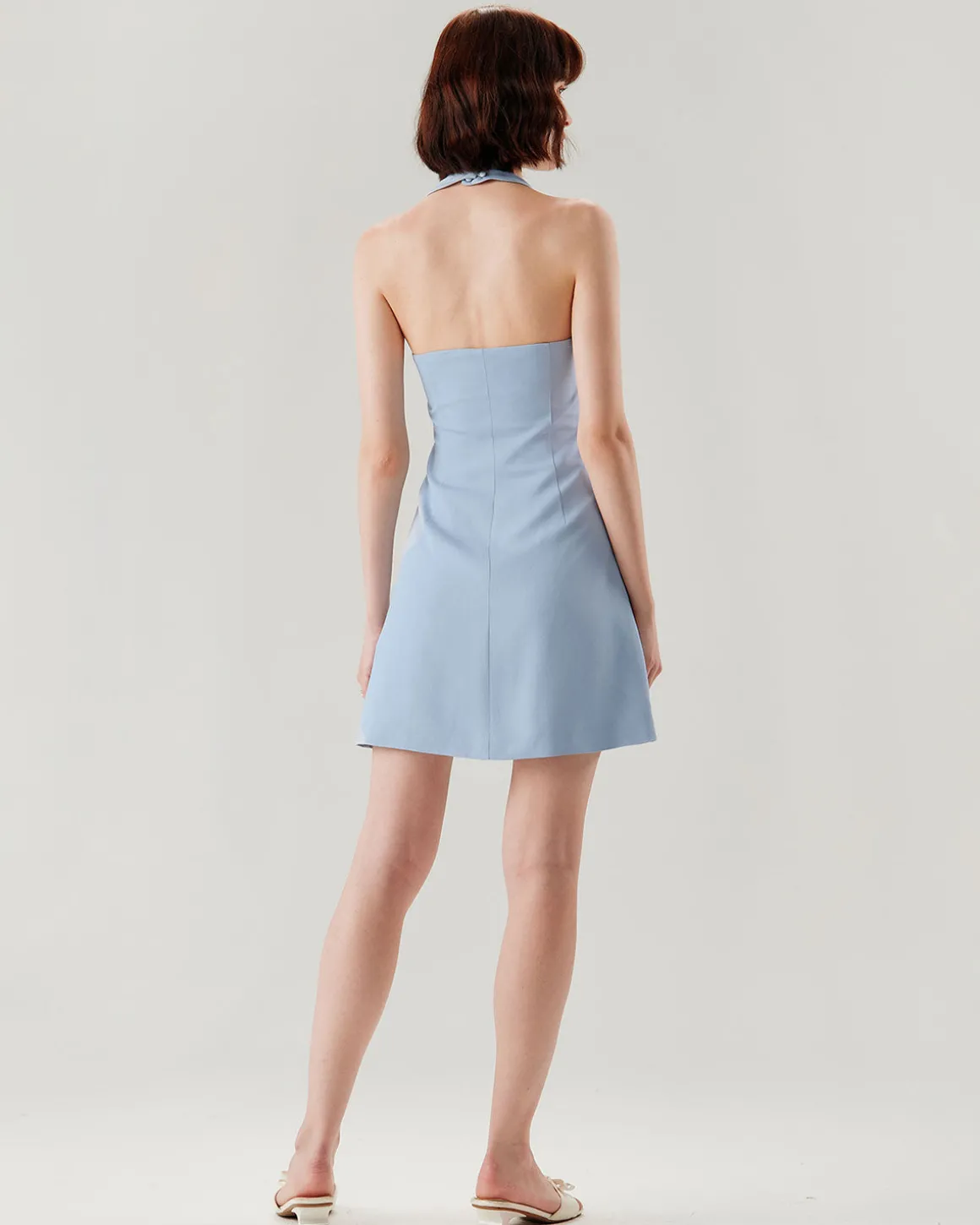 Blue Button Pocket Halter Mini Dress