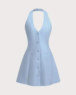 Blue Button Pocket Halter Mini Dress