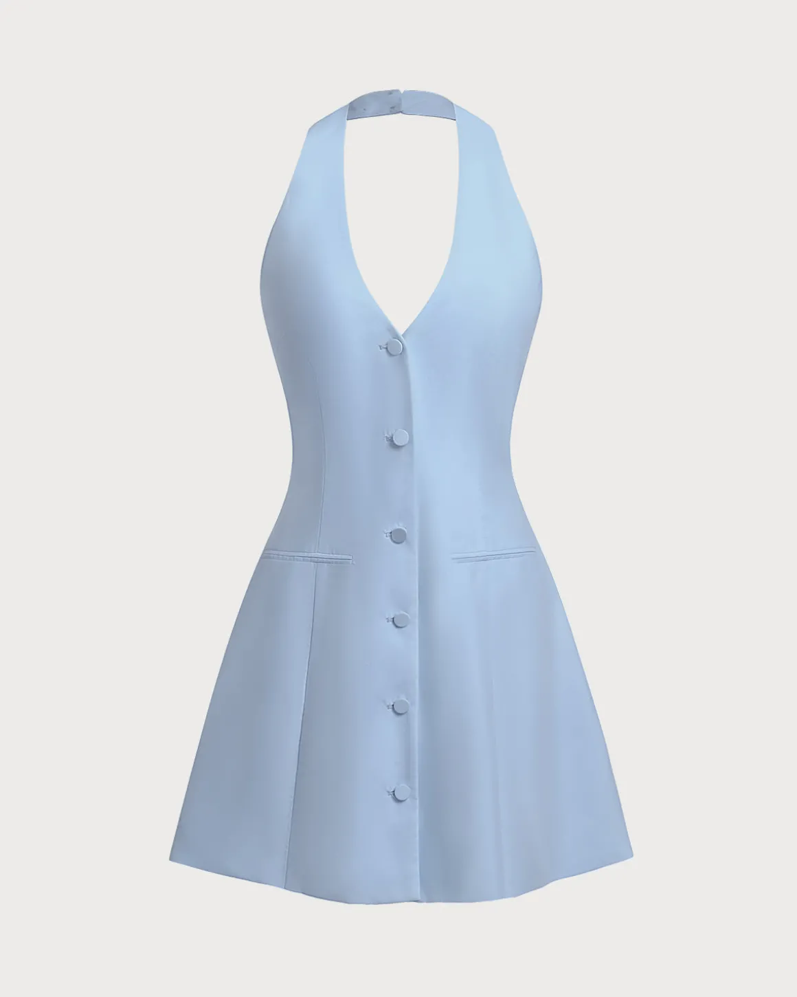 Blue Button Pocket Halter Mini Dress