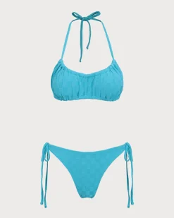 Blue Checkered Ruched Bikini Set