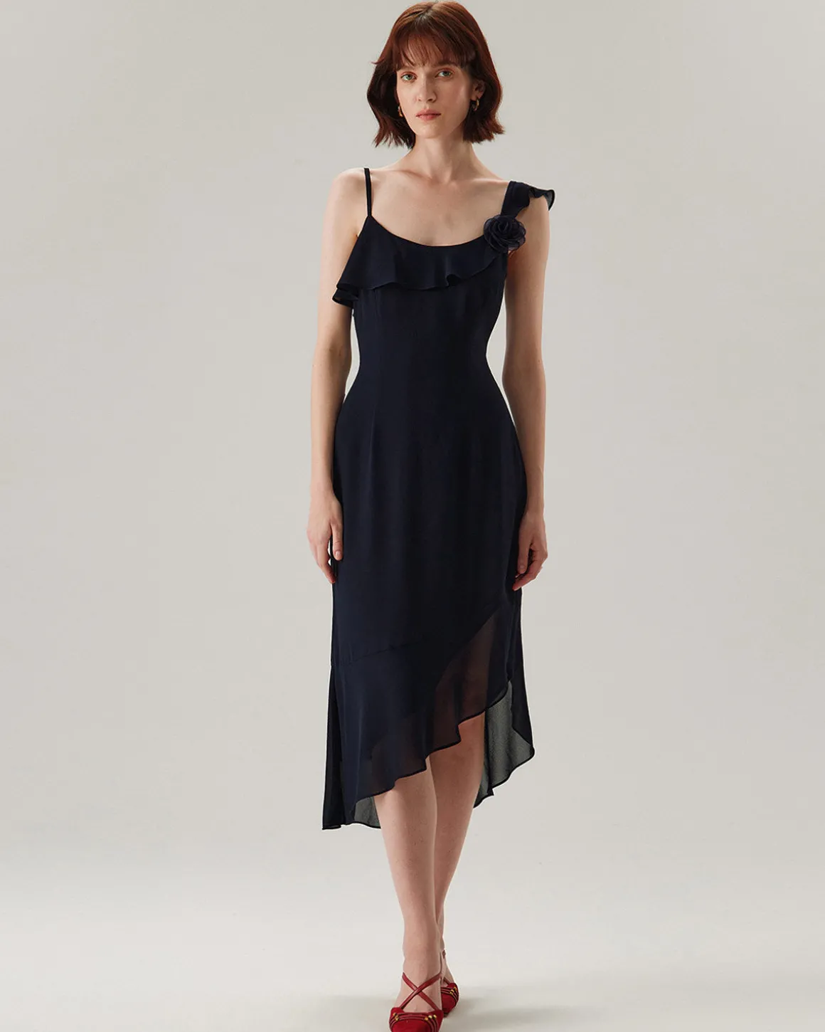 Blue Chiffon Ruffle Slip Midi Dress