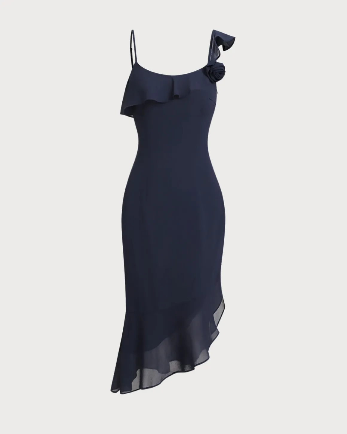 Blue Chiffon Ruffle Slip Midi Dress