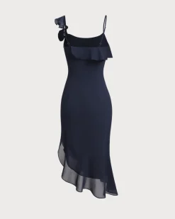 Blue Chiffon Ruffle Slip Midi Dress