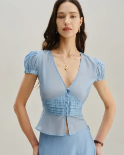 Blue Deep V Neck Short Sleeve Blouse