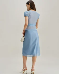 Blue Deep V Neck Short Sleeve Blouse