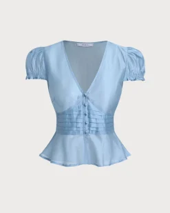 Blue Deep V Neck Short Sleeve Blouse