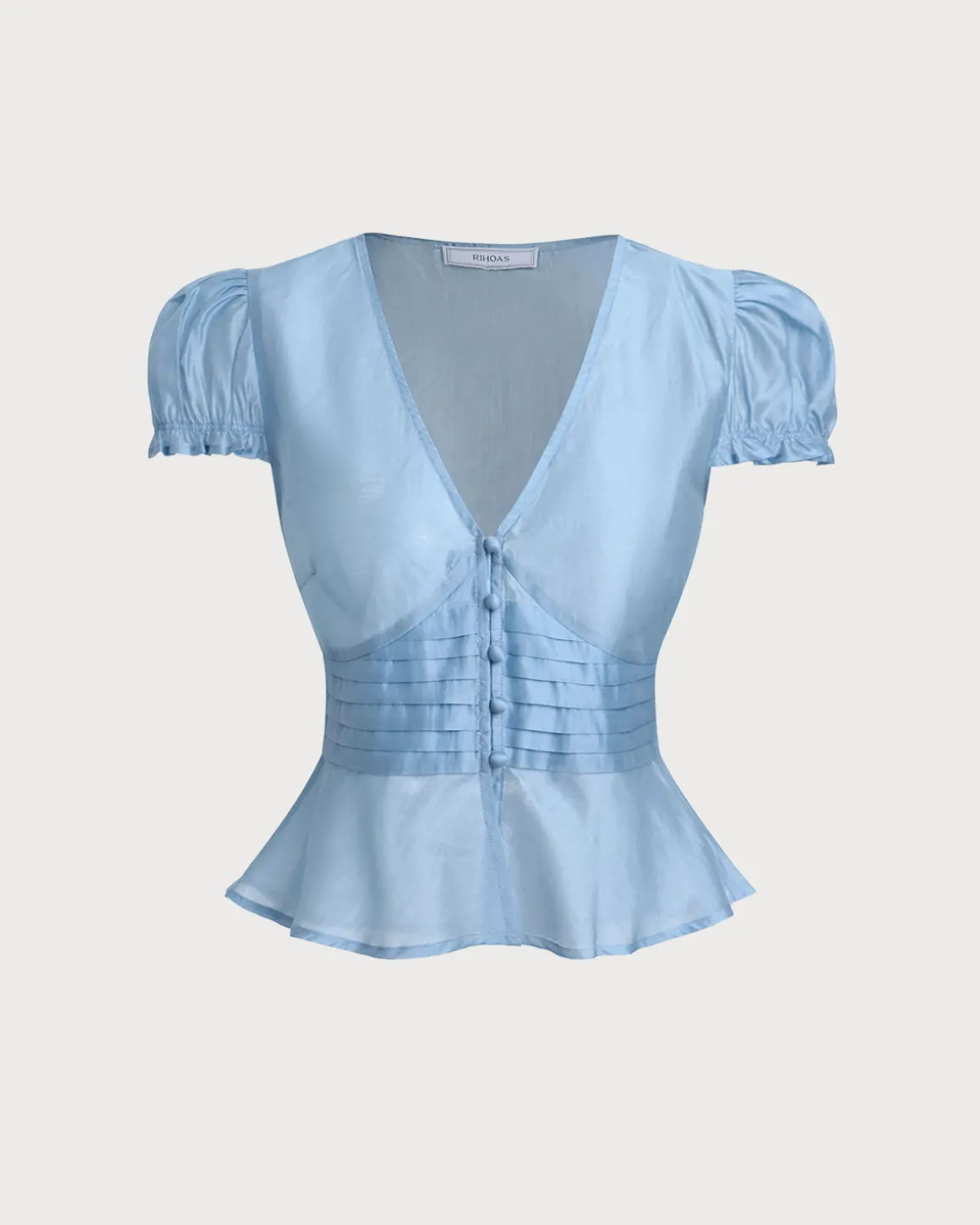 Blue Deep V Neck Short Sleeve Blouse