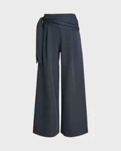 Blue Elastic Waist Casual Wide Leg Pants