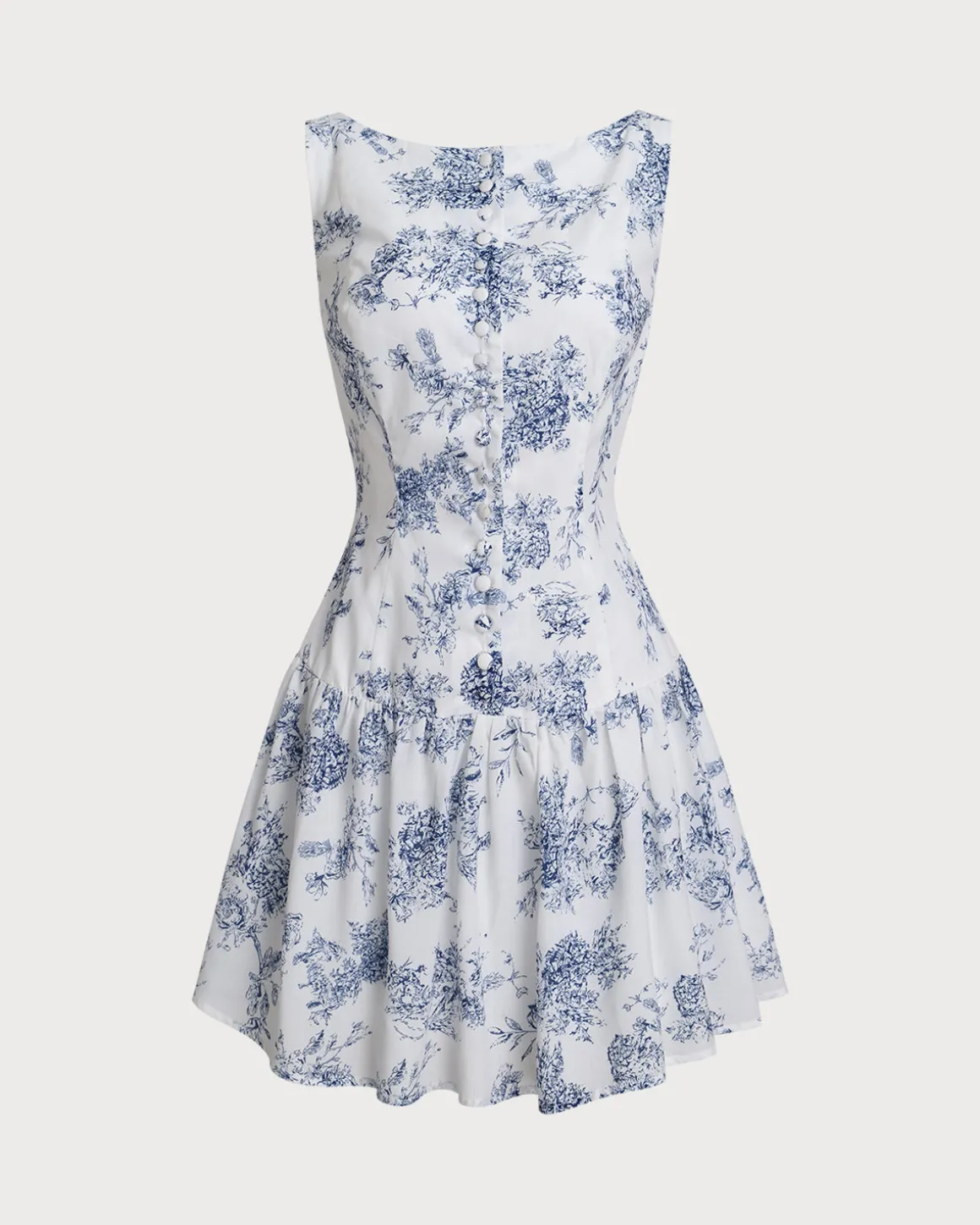Blue Floral Boat Neck Sleeveless Mini Dress