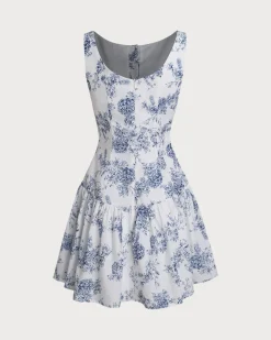 Blue Floral Boat Neck Sleeveless Mini Dress