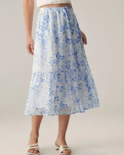 Blue Floral Flared Midi Skirt