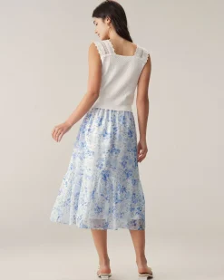 Blue Floral Flared Midi Skirt