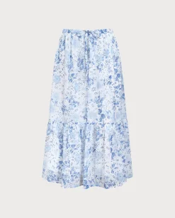 Blue Floral Flared Midi Skirt
