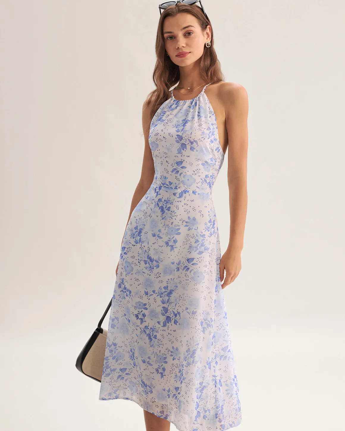 Blue Floral Halter Midi Dress