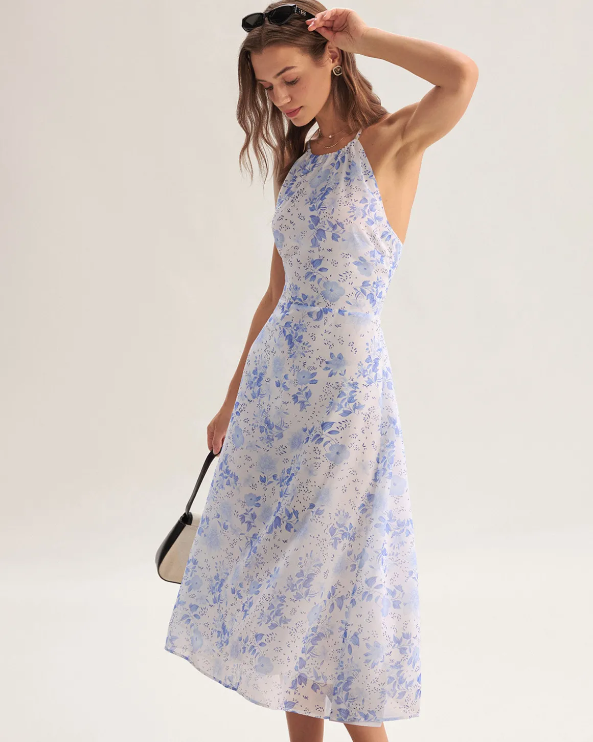 Blue Floral Halter Midi Dress