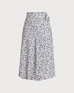 Blue Floral High-waisted Wrap Midi Skirt