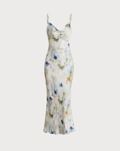 Blue Floral Mermaid Slip Midi Dress