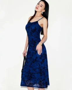 Blue Floral Mesh Slip Midi Dress