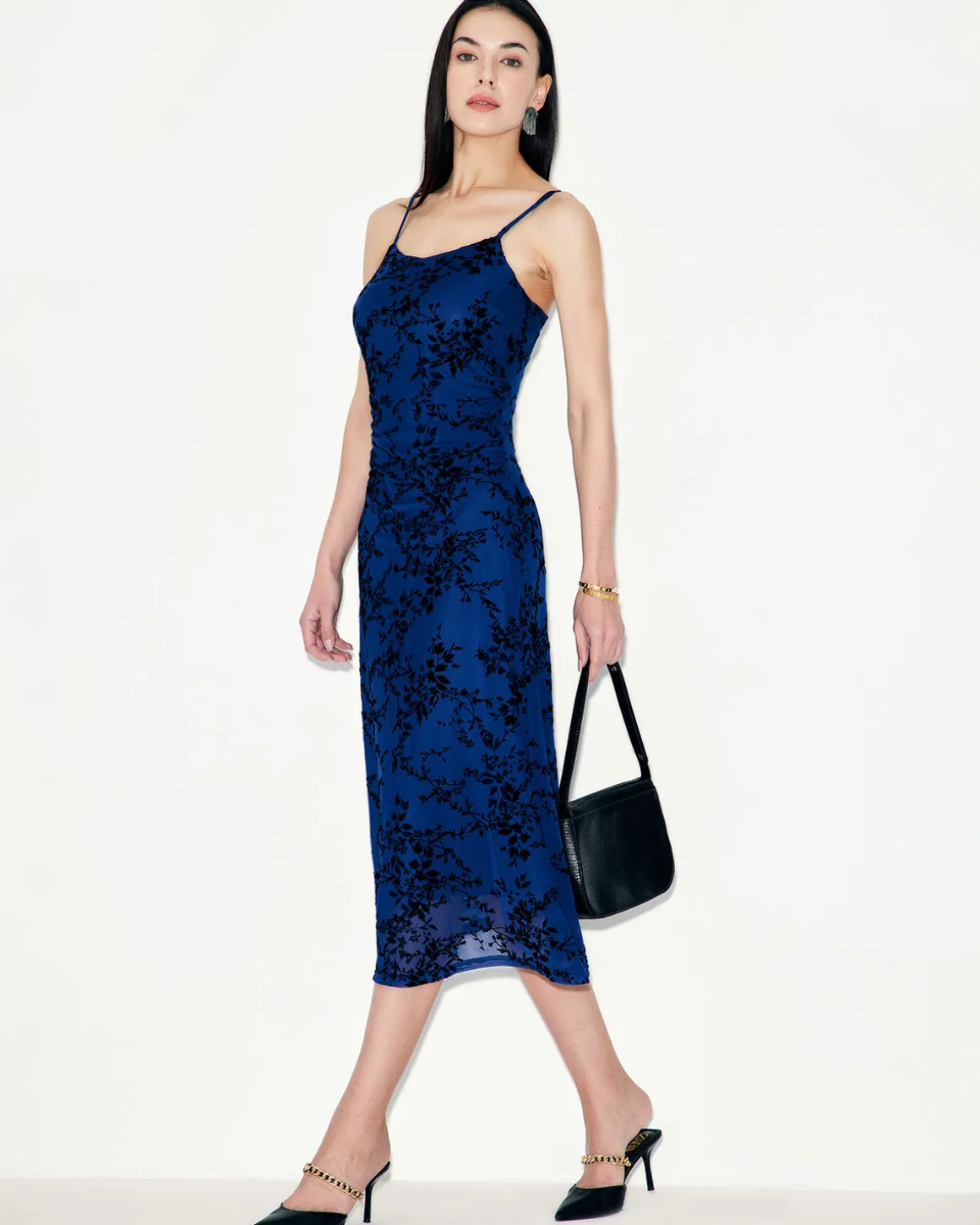 Blue Floral Mesh Slip Midi Dress