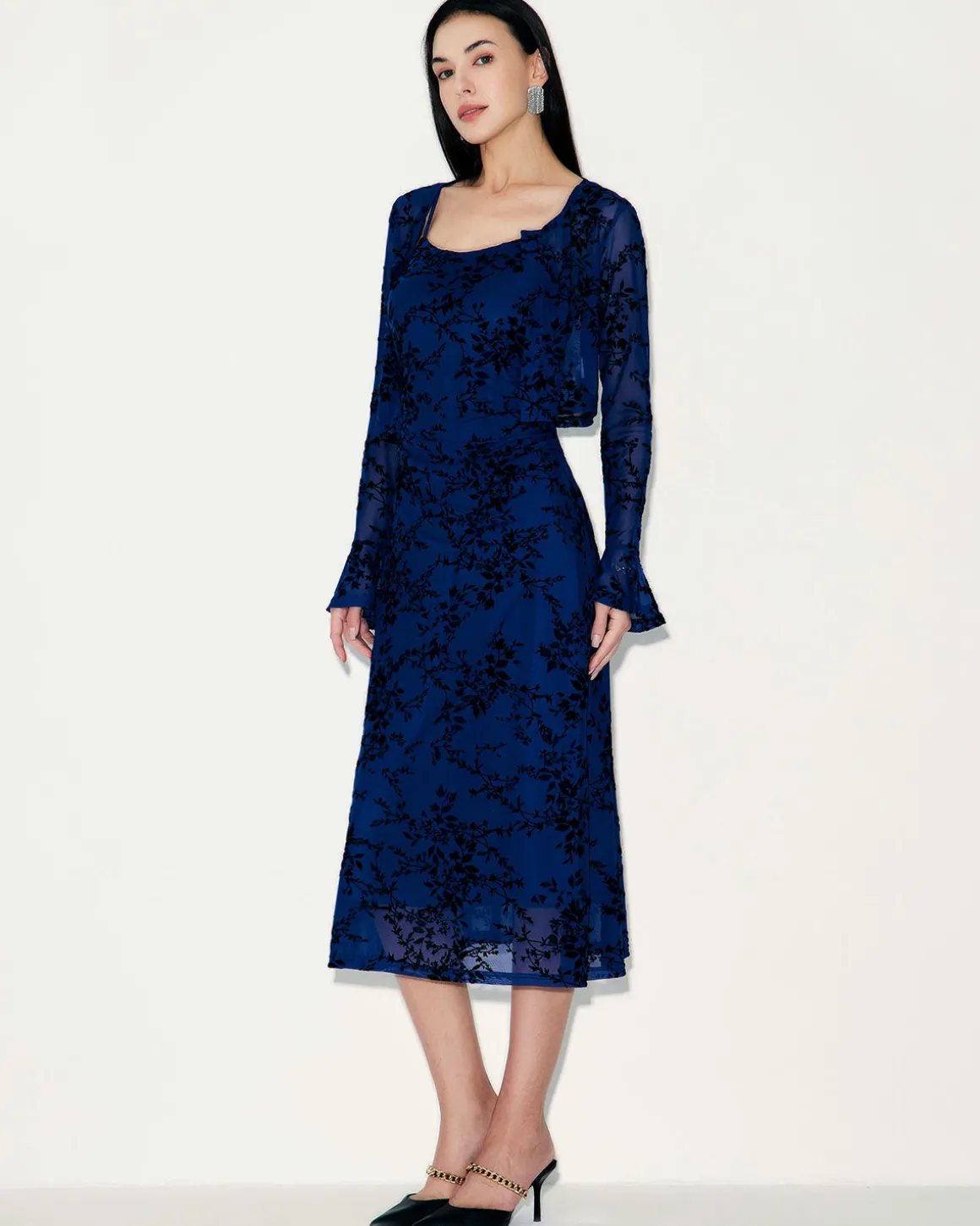 Blue Floral Mesh Slip Midi Dress