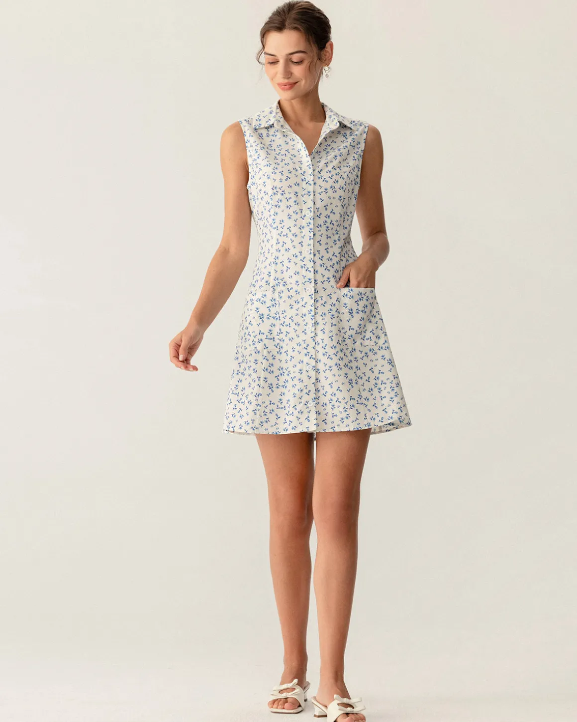 Blue Floral Pocket Sleeveless Mini Dress