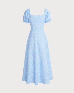 Blue Floral Puffed Sleeve Midi Dress