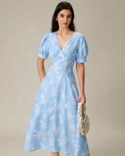 Blue Floral Puffed Sleeve Ruched Midi Dress