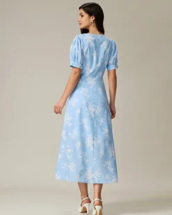 Blue Floral Puffed Sleeve Ruched Midi Dress