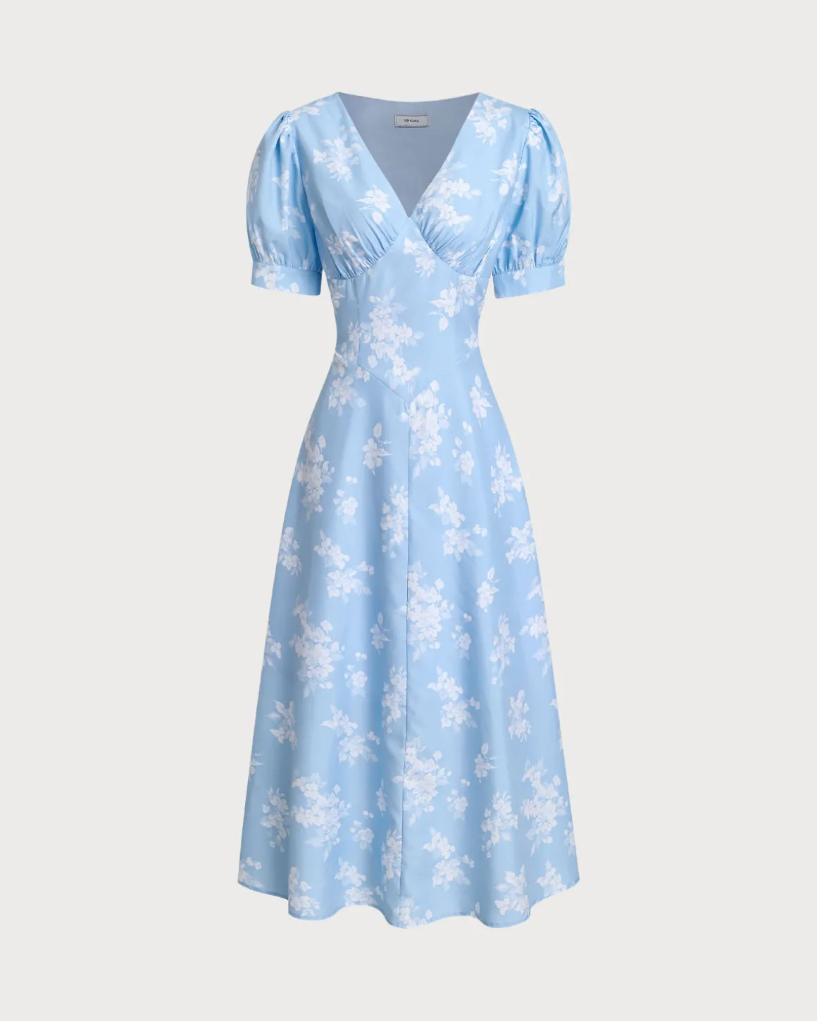Blue Floral Puffed Sleeve Ruched Midi Dress