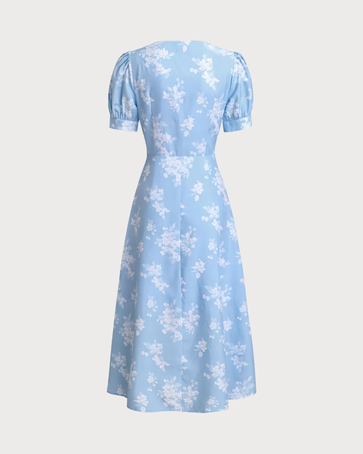 Blue Floral Puffed Sleeve Ruched Midi Dress