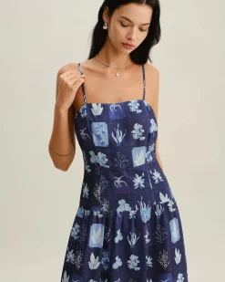Blue Floral Ruched Bohemian Slip Maxi Dress