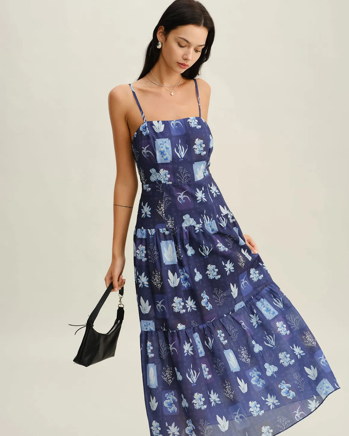 Blue Floral Ruched Bohemian Slip Maxi Dress
