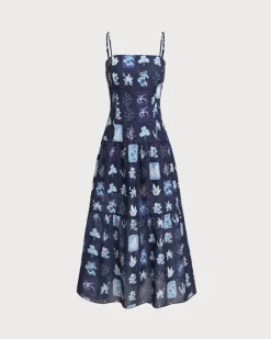 Blue Floral Ruched Bohemian Slip Maxi Dress