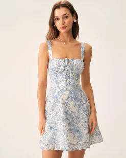 Blue Floral Ruched Slip Corset Mini Dress