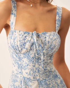 Blue Floral Ruched Slip Corset Mini Dress