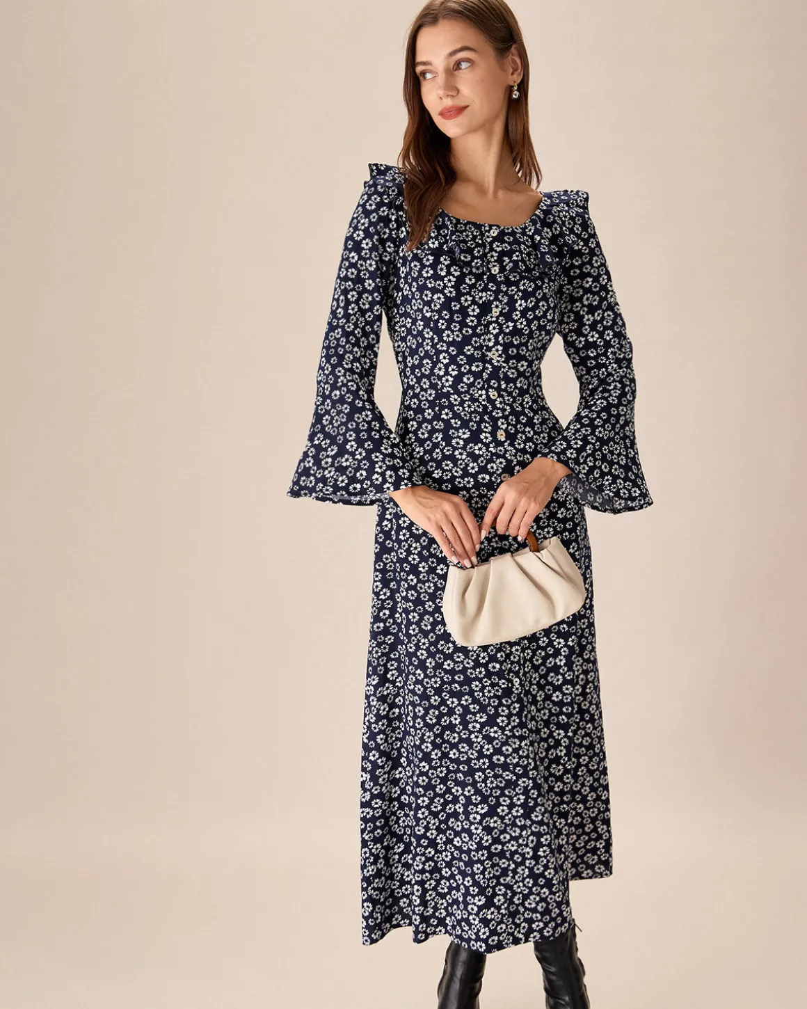 Blue Floral Ruffle Chiffon Maxi Dress