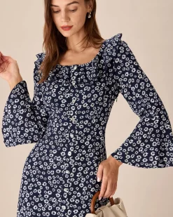 Blue Floral Ruffle Chiffon Maxi Dress