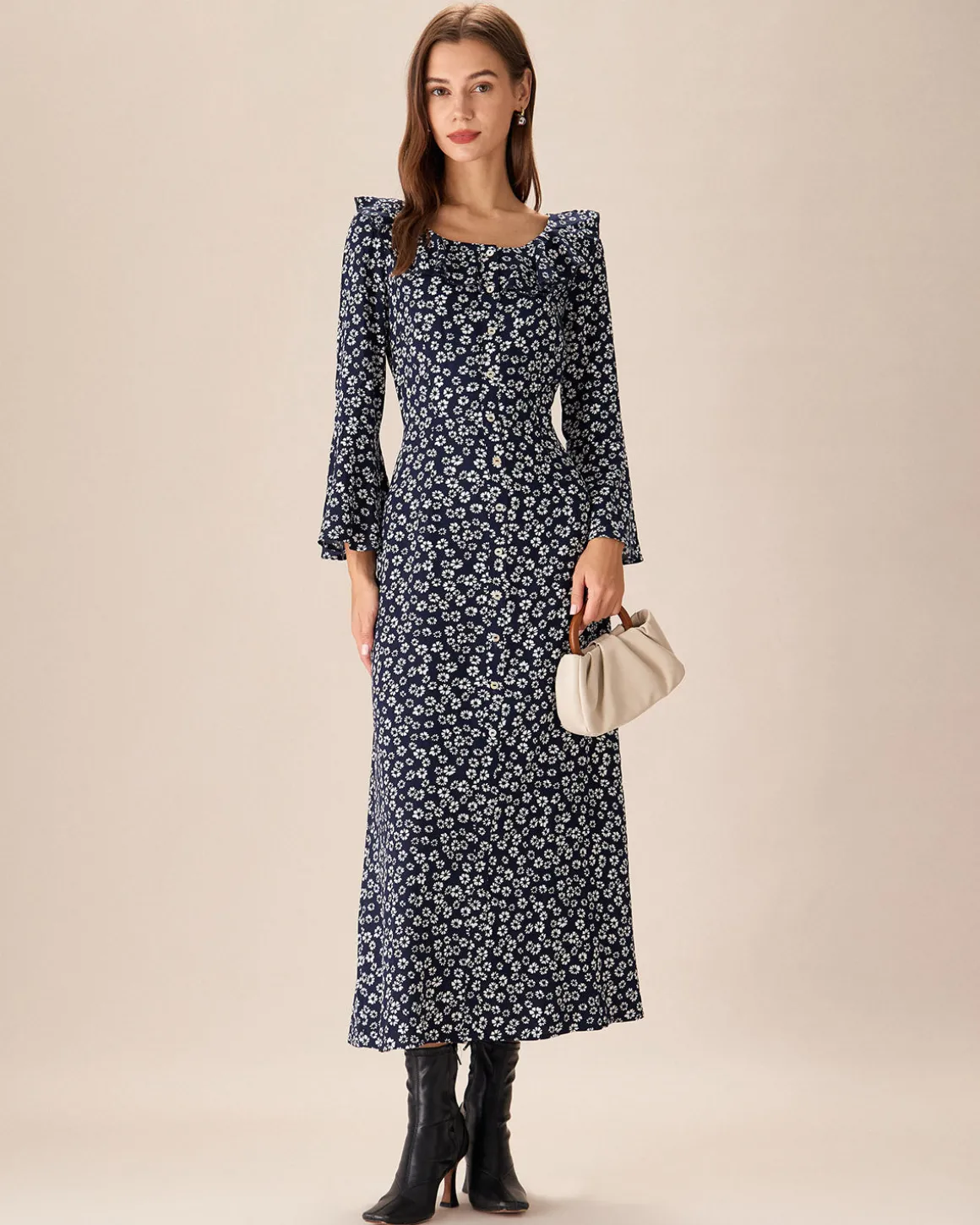 Blue Floral Ruffle Chiffon Maxi Dress
