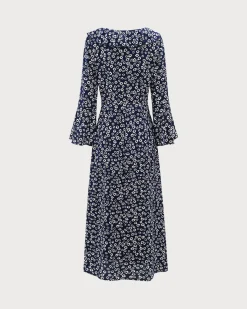 Blue Floral Ruffle Chiffon Maxi Dress