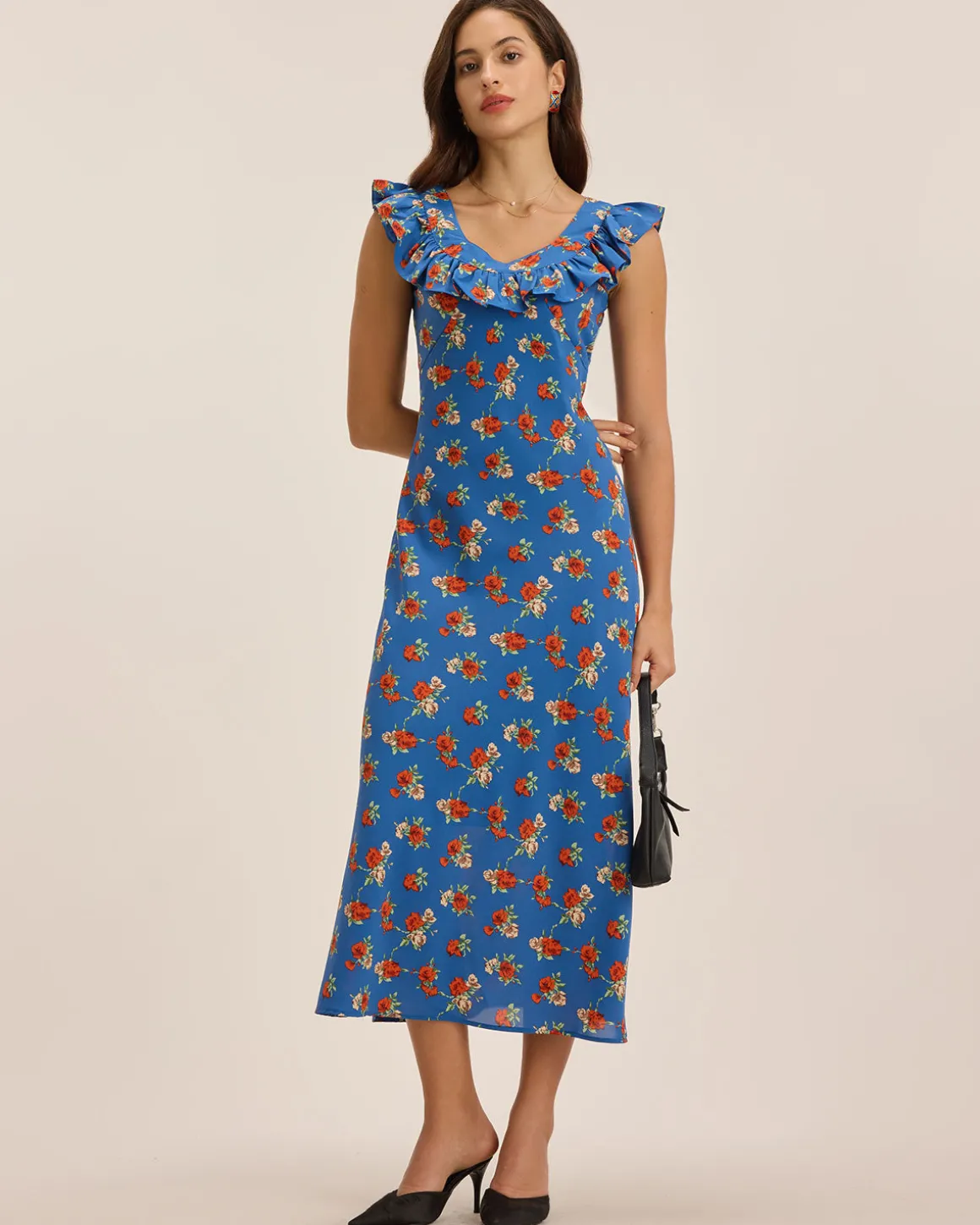 Blue Floral Ruffle Sleeveless Maxi Dress