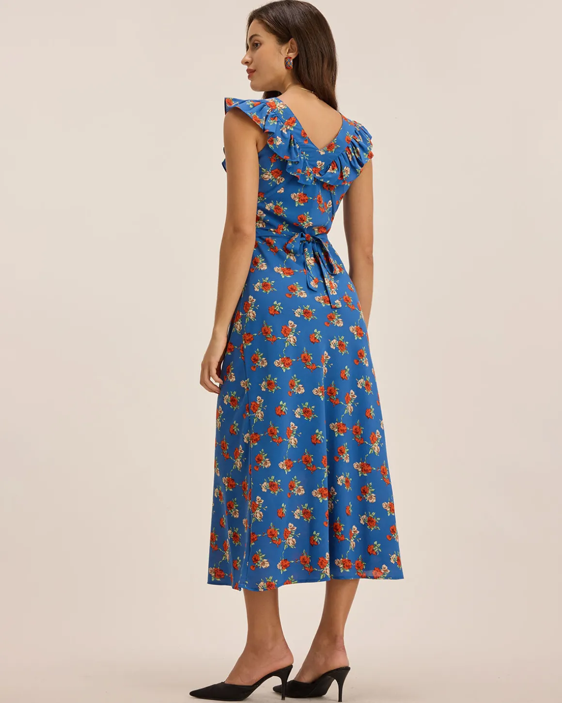 Blue Floral Ruffle Sleeveless Maxi Dress